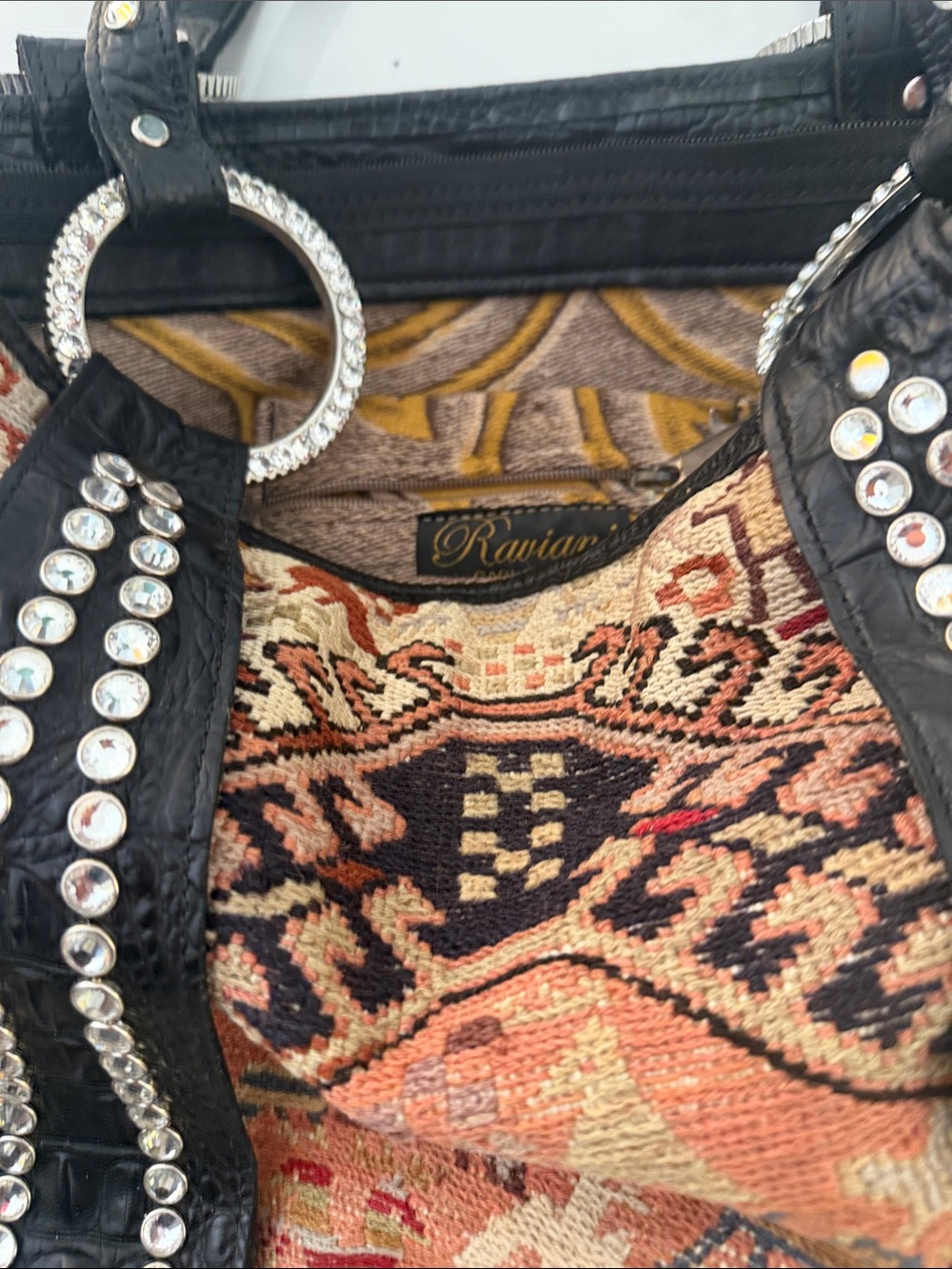 Raviani Embellished Black-Trim Tapestry Tote Bag